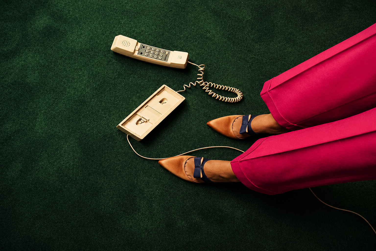 Vintage phone and magenta trousers on a deep green carpet